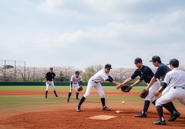 青森県の高校野球選手たちが春のグラウンドで守備練習をする様子