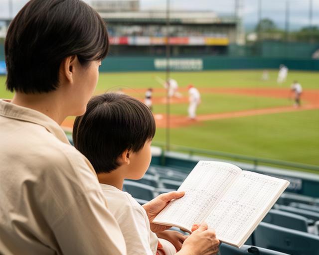 青森の野球場でスコアブックを見ながら試合を観戦する親子